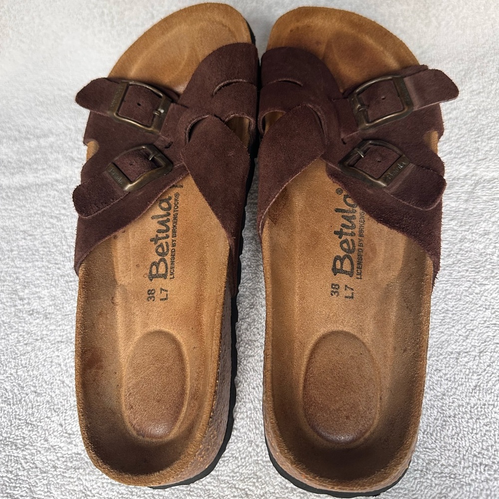 Betula Birkenstock Dark Brown Suede Criss Cross Sandals EU 38 US 7.5 - Picture 7 of 9